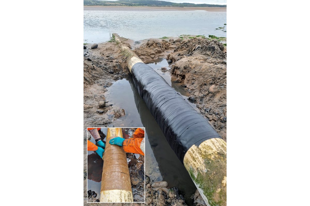A completed SeaShield 70/80™ System application at Duddon Estuary, with the inner petrolatum tape application shown inset.
